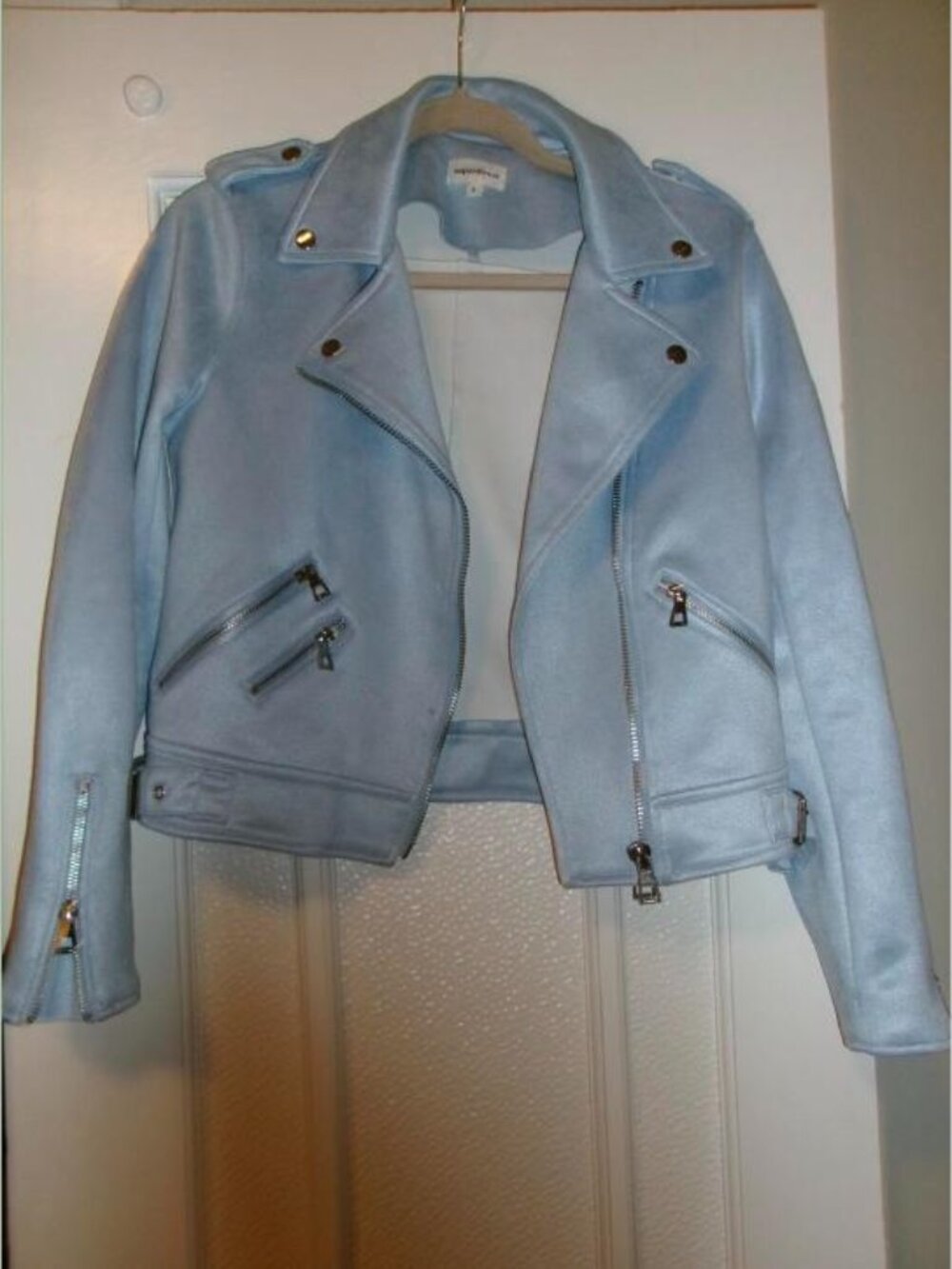 superdown Macey Moto Jacket Light Blue Faux Suede S